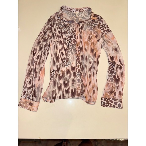 Guess Clouis Sheer Leopard Print Fitted Button Up Blouse M Animal Print Top - Picture 4 of 8